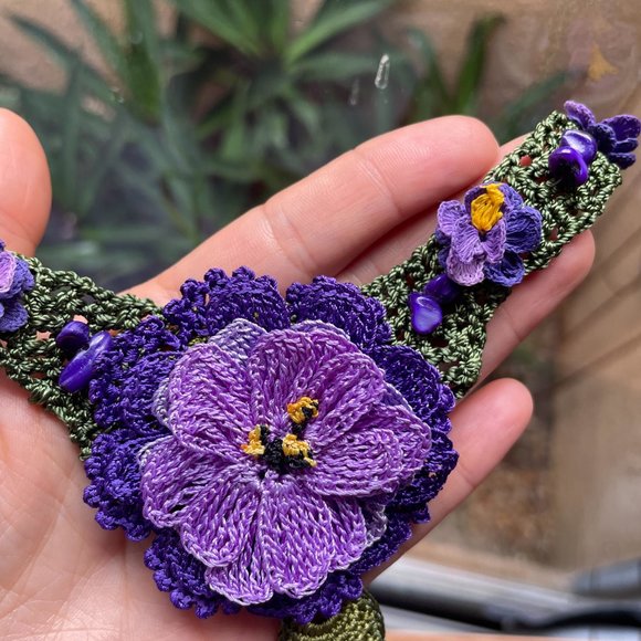 Purple, Crochet Amethyst Necklace, Flower Bib Necklace, Statement Neck Accessory - Picture 2 of 3